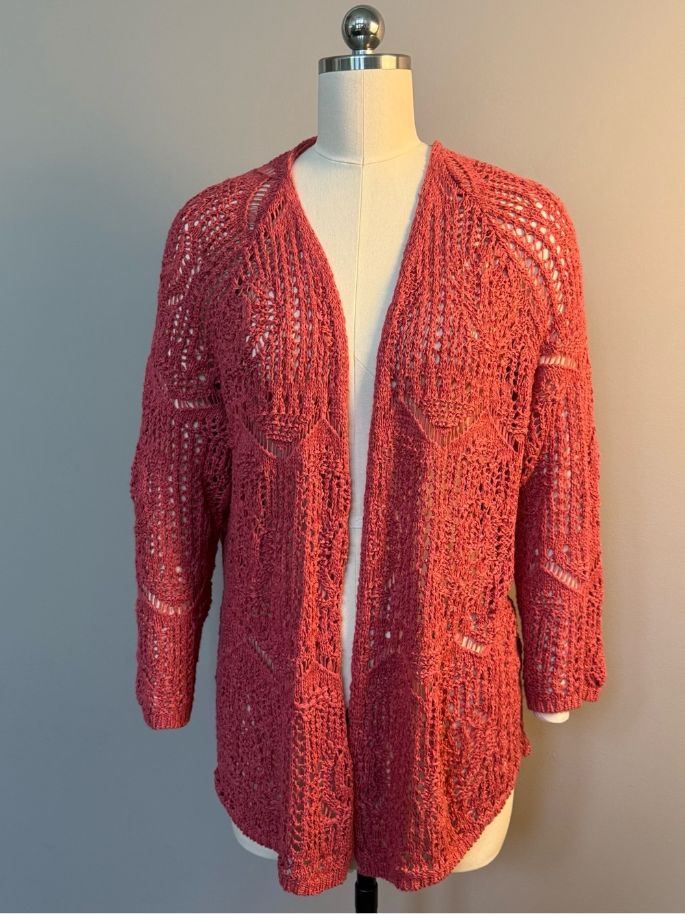 Coldwater Creek Open-Front Crochet Cardigan - Coral Pink, 1X